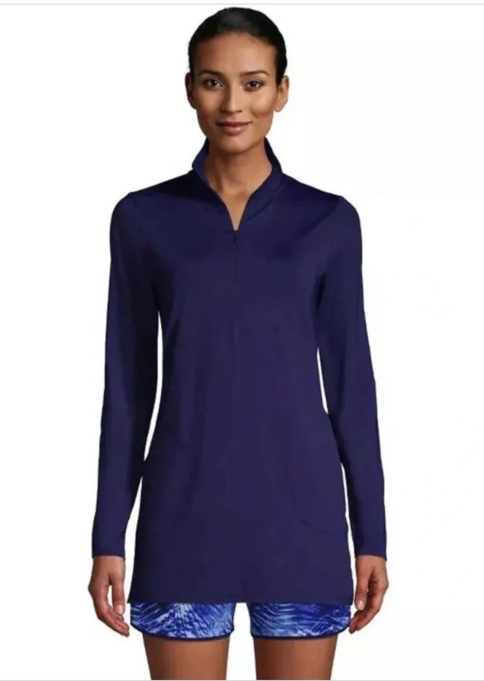 Lands End Women's MP 1/4 Zip Rash Guard Tunic Length Swim Top Navy Blue Pockets
